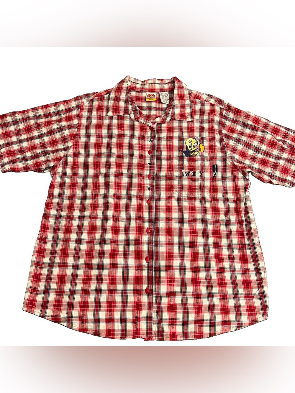Vtg Looney Tunes Tweety Red White Blue Plaid Embroidered Button Shirt 14W/16W